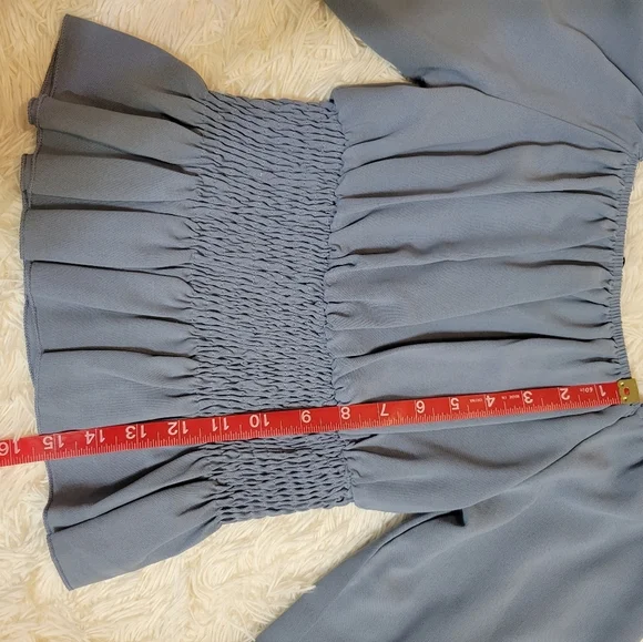 SHEIN LUNE Dusty Blue Shirred Waisted Frill Trim Peplum Blouse size XS - Picture 5 of 5